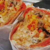 Flamin' Hot Burrito · Carne asada, fries, yellow cheese, secret chipotle sauce, sour cream, double wrapped in a fl...