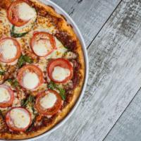 Margherita-Xlarge · A blend of pizza and basil pesto sauces, sliced tomatoes, fresh ciliegine mozzarella, fresh ...