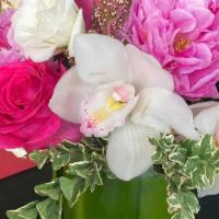 Pink White Peony And Rose  · Pink and white peony rose and Cymbidium arrangement in a vase.