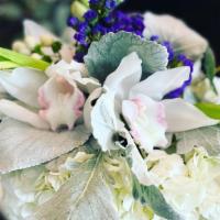 Modern Birthday Arrangement  · Modern birthday arrangement has beautiful elements of white hydrangea purple status white Cy...