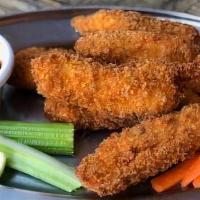 Crispy Chicken Strips · Hand-breaded and deep fried chicken tenders, served with BBQ and honey mustard dipping sauces.