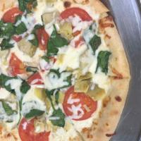 Spinach And Artichoke · Fresh spinach and artichoke with a creamy white sauce with sliced tomatoes and roasted garlic.
