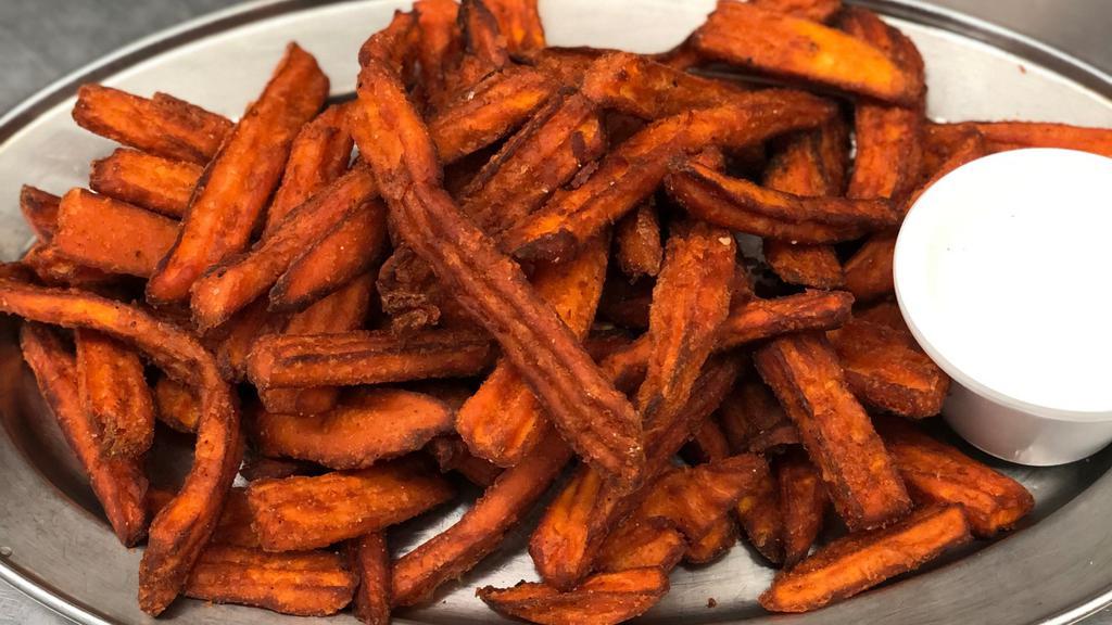 Sweet Potato Fries · Vegetarian. Lightly fried and salted, served with marshmallow cream dipping sauce.