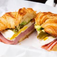 Breakfast Croissant · Ham, egg,avocado, jalapeño, Swiss.