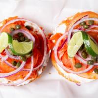 Lox Bagel · Cream cheese, tomato, onions, capers.