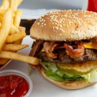 Bacon Cheeseburger · 1/4 lb. served with thousand Island dressing, lettuce, tomato, onions, and pickles. Served o...