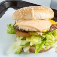 Cheeseburger · 1/4 lb. served with thousand Island dressing, lettuce, tomato, onions, and pickles. Served o...
