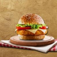Crispy Chicken Camper · crisp chicken patties with fresh greens, sauteed onions, pickles, buffalo sauce, and house s...