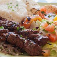 Beef Kebab Plate With 2 Skewers · Served with hummus, salad, rice, grilled vegetables and 2 pita breads.