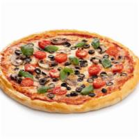 Greek Pizza · Gyro meat, tomatoes, onions & feta cheese. No sauce.