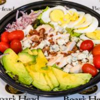 Poway Cobb · Grilled chicken, egg, bacon, marinated red onion, blue cheese, avocado and tomato.