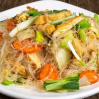 Glass Noodles (Pad Woon Sen) · Pan-fried glass noodles with egg, tomatoes, celery, cabbage, onions, carrot and your choice ...