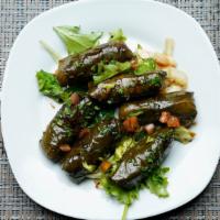 Grape Leaves · 6 pieces - boiled rolls of grape leaves stuffed with rice, chopped tomatoes, parsley, green ...