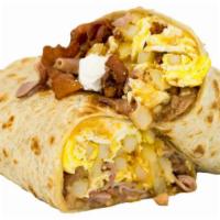 Monster Burrito · EGG,CHEESE,FRIES,BEANS,HAM,BACON, SOUR CREAM
