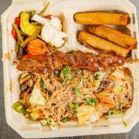Pansit Meal · A Filipino chow mein partnered with BBQ sticks (chicken or pork).