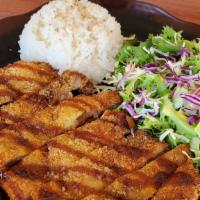Pork Katsu · Includes salad, and rice.