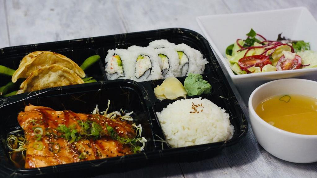 Salmon Teriyaki Bento · Bento boxes served with miso soup, salad, and rice and California roll.