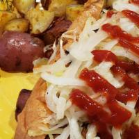 Hot Dog With Sauerkraut · Vegan. Homemade veggie sausage, sauerkraut, caramelized onions, special sauce & ketchup.
