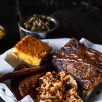 Combo Platter · Half rack baby back pork  ribs, pulled pork, beef brisket, choice of two sides and cornbread.