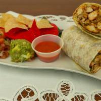 Asada Burrito · Muy Mexicano! Steak or chicken, onions, cilantro, lettuce, beans, rice, pico de gallo, guaca...