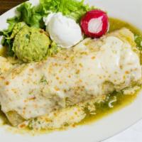 Carnitas Burrito · Marinated pork, beans, pico de gallo, tomatillo sauce, melted cheese, sour cream, and guacam...