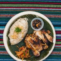 Chicken Inasal · Our fam fave! Ginger, lemongrass, calamansi, coconut vinegar, grilled over mesquite with gar...