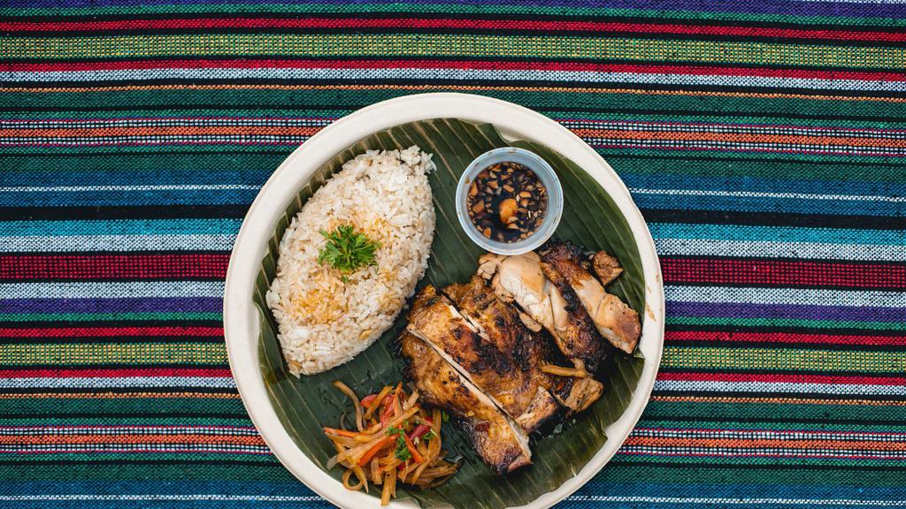 Chicken Inasal · Our fam fave! Ginger, lemongrass, calamansi, coconut vinegar, grilled over mesquite with garlic rice and atchara.