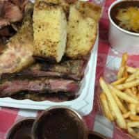 Combo #1 · 1/2 lb meat, choose one meat: pulled pork, tri-tip or hot link. Three pieces pork ribs, one ...