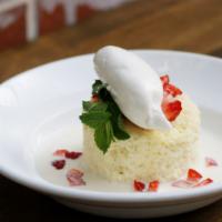 Tres Leches Cake · Home-baked chiffon cake, tres leches soaked, strawberry salsa, whipped cream & toasted cocon...