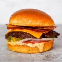 Bacon Cheeseburger · Juicy, grilled beef burger smashed to perfection with American cheese, smoked bacon, fresh s...