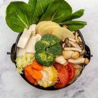 Veggie Tofu Pot · Organic Chinese cabbage, broccoli, tomato, potato slice, season mushroom, corn, carrot, bok ...