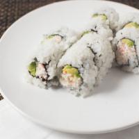 California Roll · Crabmeat avocado cucumber inside wrap in seaweed and rice out side