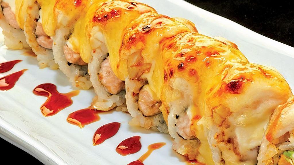 Snow Roll · Salmon, Cream Cheese topped with Izumidai, All baked.