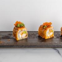 Baked Salmon · Inside: crab, shrimp tempura, avocado, cream cheese. Outside: baked salmon with spicy mayo, ...