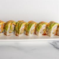 Shrimp Tempura Roll · Inside: shrimp tempura, crab cucumber. Outside: avocado, eel sauce, spicy mayo.