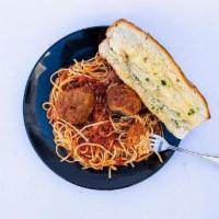 Reg Spaghetti With Meatballs · Spaghetti, Marinara Sauce, 2 Meatballs and Garlic Bread
