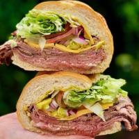 Large Roast Beef · Comes with Mustard, Mayo, Lettuce, Tomatoes, Pickles, Pepperoncinis and Onions
