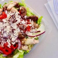 European Salad · Mixed Greens, Marinated Artichoke Hearts, Marinated Mushrooms, Roasted Red Peppers, Feta Che...