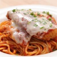 Chicken Parmigiana With Spaghetti · Spaghetti pasta served with chicken patties and homemade marinara sauce, topped with mozzare...