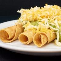 3 Rolled Tacos With Guacamole · Beef or chicken rolled tacos with cheese, lettuce, sour cream, guacamole and Mexican salsa.