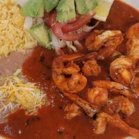 Shrimps A La Diabla Plate · Served with rice, beans and salad.