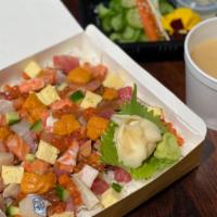 Bara Chirashi Set · Various fish on top of sushi rice comes with salad and miso soup.