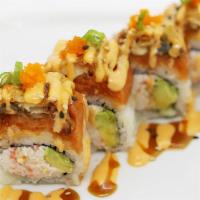Hot Energy Roll (8Pcs) · California Roll Topped with Eel Tempura and Spicy Tuna, Green Onion and Masago