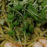 Shrimp Pesto Linguine · Basil pesto with Parmesan and garlic served over linguini and topped with shrimp.