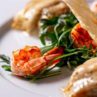 Scampi Ai Carciofi · Chilled cooked shrimp with artichokes hearts and pecorino cheese.