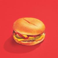 Not A Cheeseburger · Impossible burger, vegan cheese, pickles, onion, ketchup + mustard