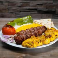 Chicken Kabob & Beef Luleh Combo · Marinated boneless chicken thigh and Lean ground beef mixed with special spices served with ...