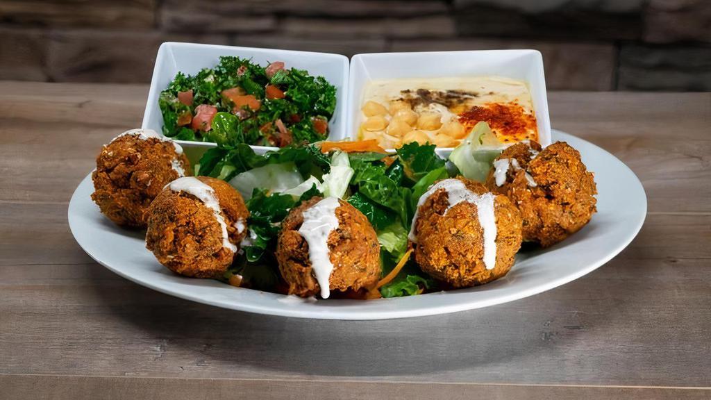 Falafel Plate · Five pieces of falafel served with rice or salad and choice of 1 side and bread.
