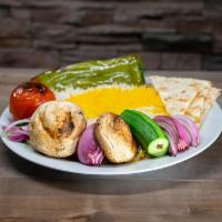 Veggie Kabob Plate · Combination of mushroom, zucchini, onion, anaheim pepper and tomato served with rice or sala...