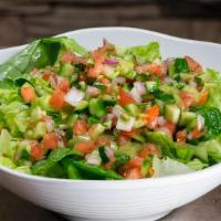 House Salad · Lettuce, tomato, cucumber and red onion, topped with our house dressing.
